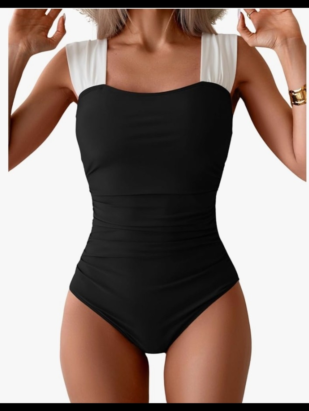 Black One-Piece Swimsuit with White Straps